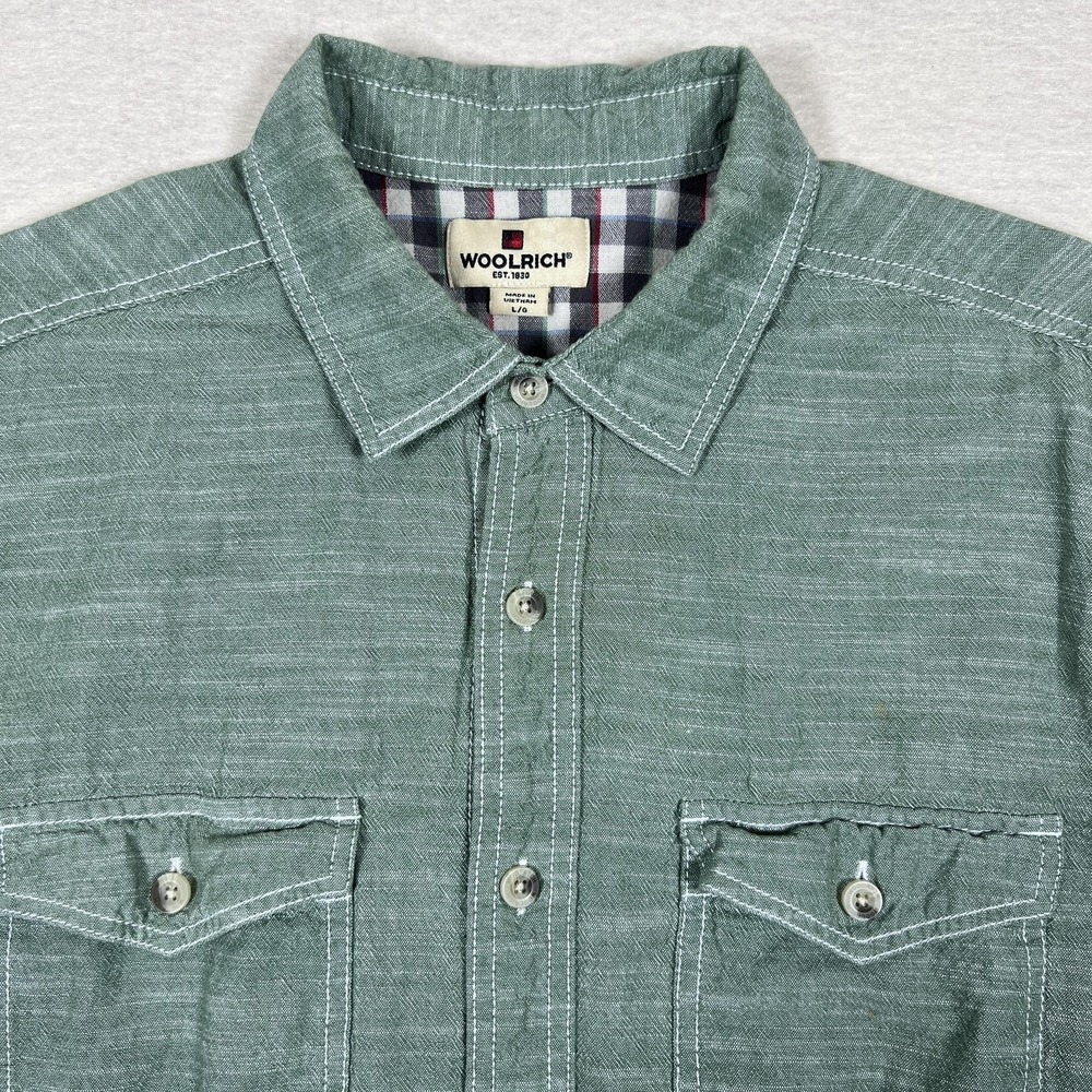Woolrich Shirt Mens Large Green Short‎ Sleeve Button Front Dual Chest Pockets